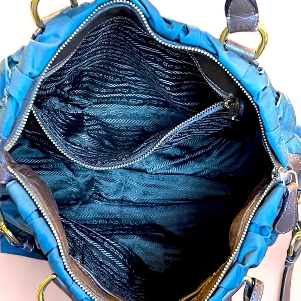 PRADA Gaufre Teal Blue Nylon Boho Leather Bag - Picture 5 of 9
